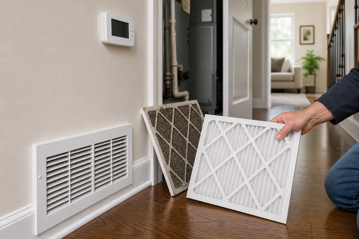 Dirty and clean HVAC filters checked for burning heat smell