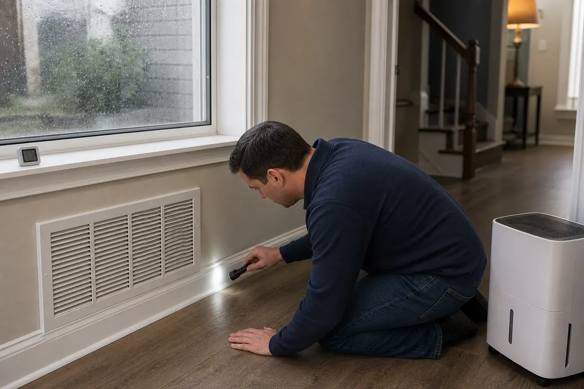 Return grille and humidity checked after rain makes house smell worse