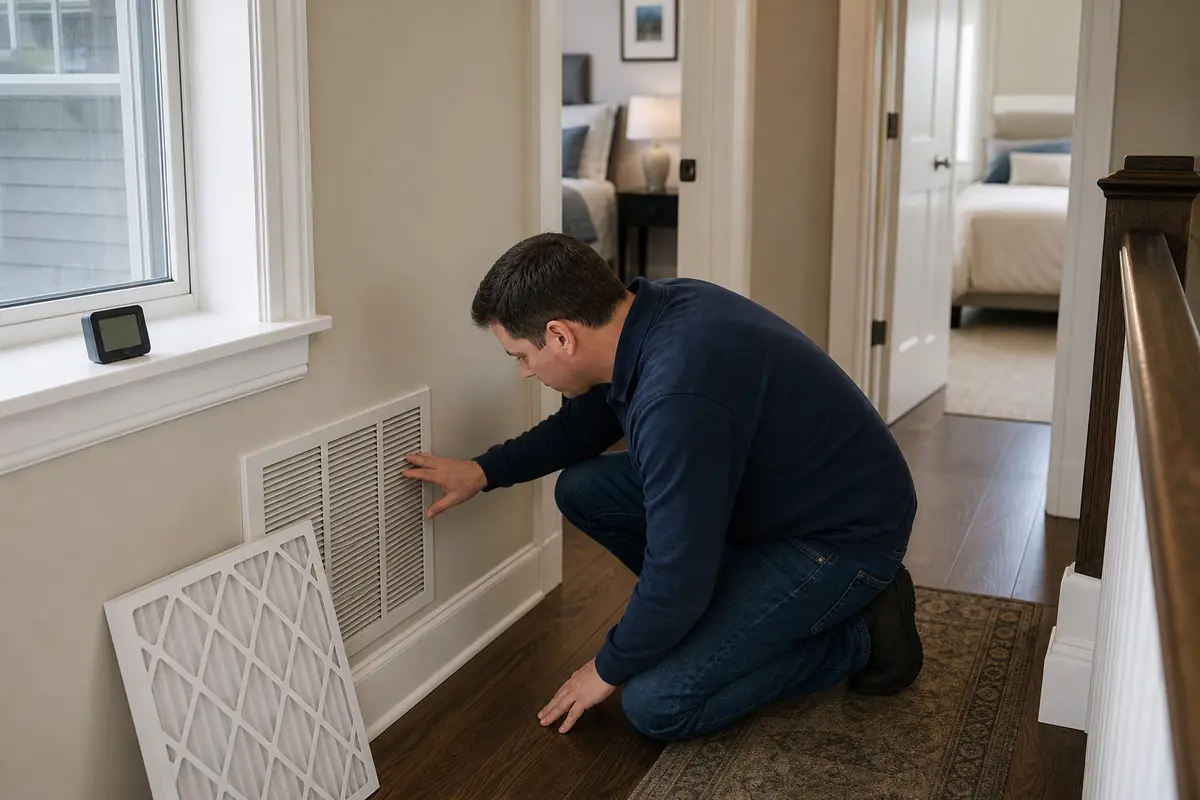Upstairs return grille and humidity checked for stale smell
