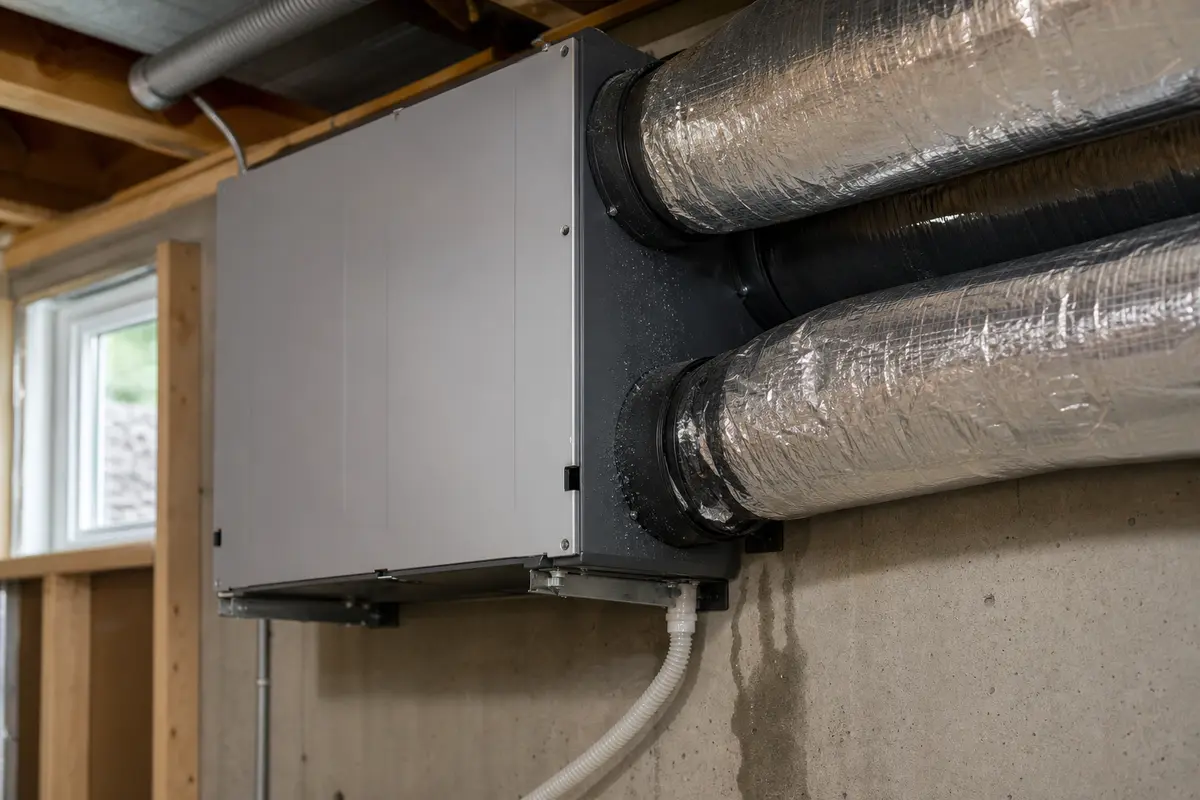 HRV duct sweating overview with cabinet, insulated ductwork, and drain area checked