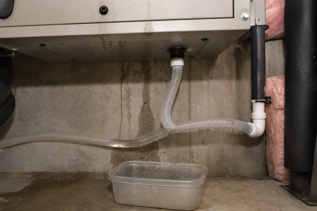 HRV duct sweating check at the condensate drain hose after cabinet water appears
