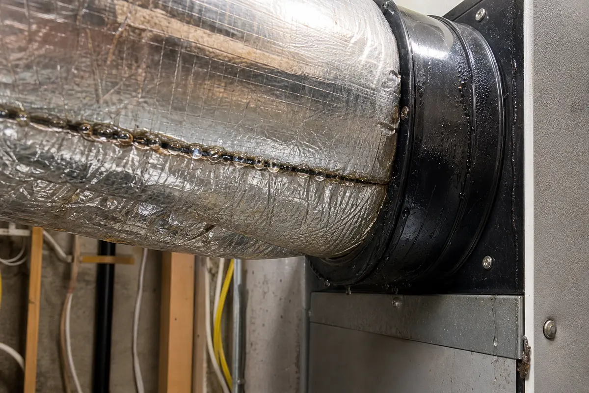 Sweating HRV duct collar with wet insulation jacket near the ventilation unit