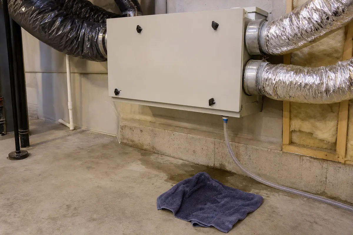 HRV or ERV cabinet with condensate drain hose and wet towel below