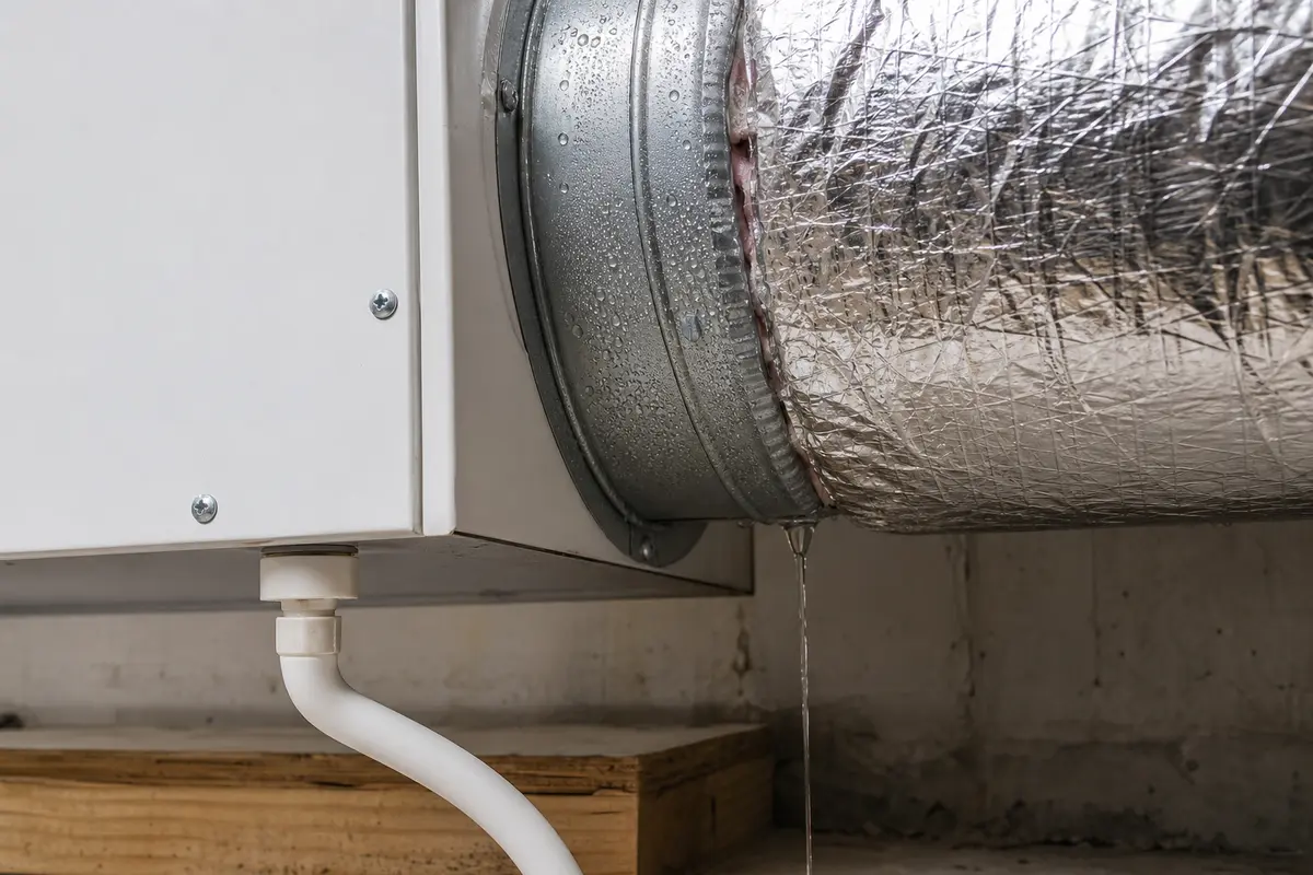 Sweating HRV or ERV duct collar dripping while cabinet drain stays dry
