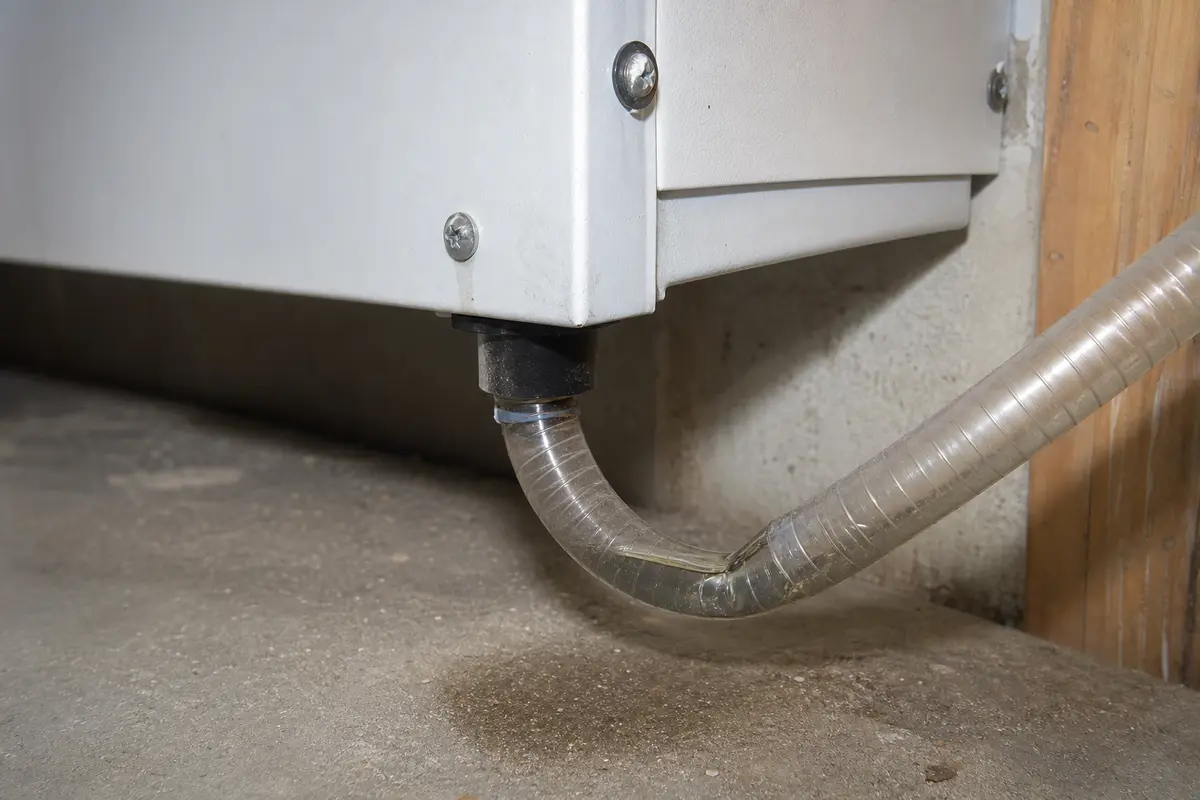 Sagging HRV or ERV condensate hose holding water below cabinet drain