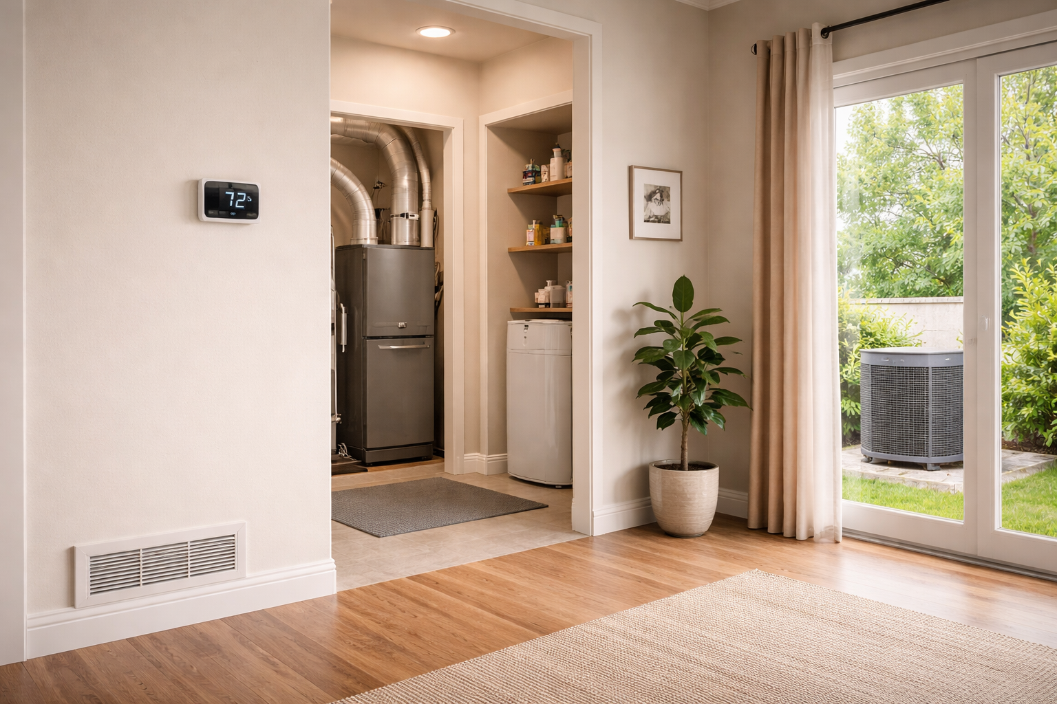 Bright residential HVAC scene with thermostat, vents, and heating and cooling equipment context