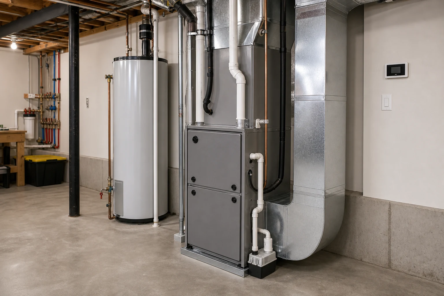 Bright residential HVAC scene with thermostat, vents, and heating and cooling equipment context