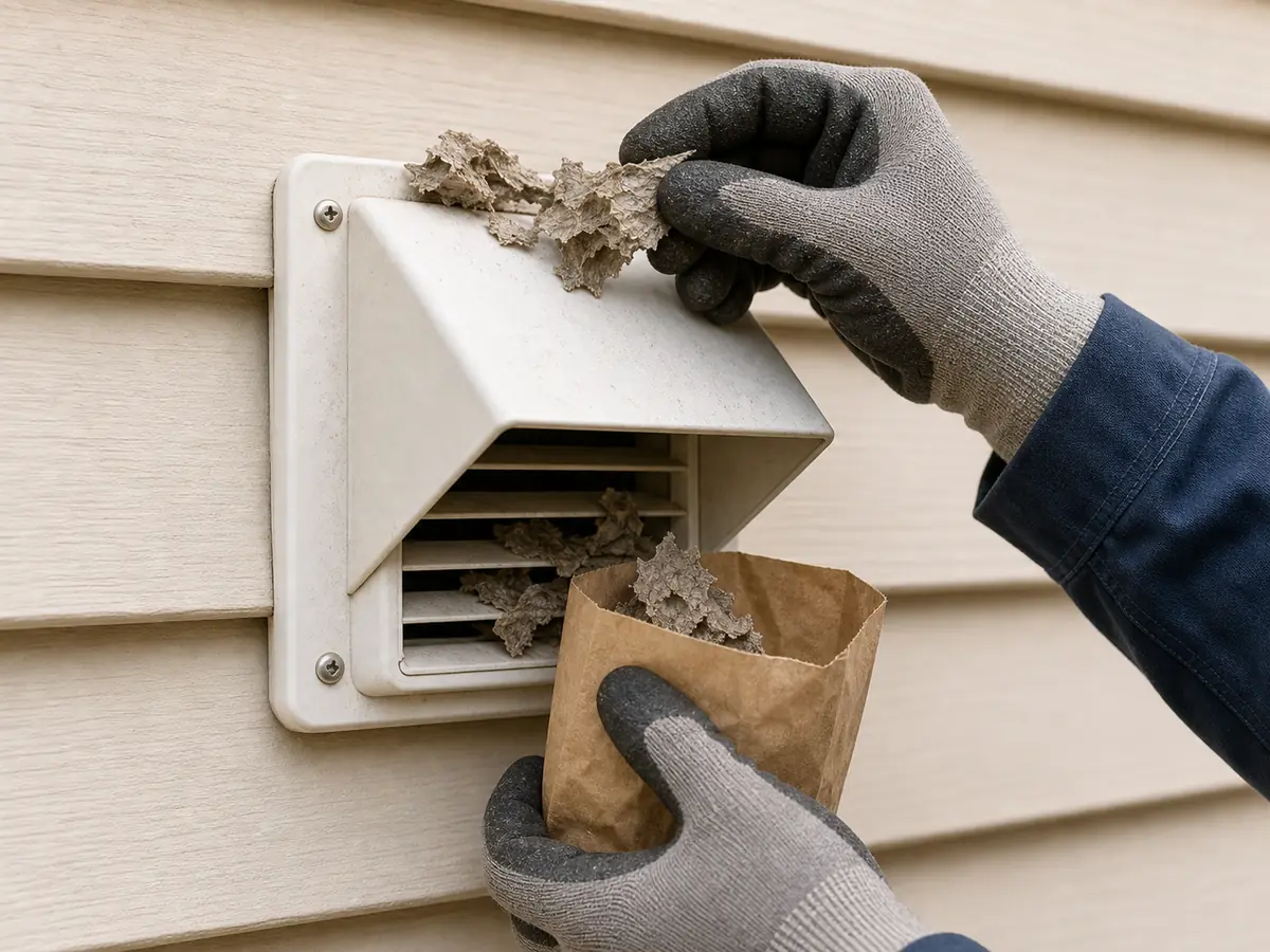Inactive paper nest material being removed from the exterior bathroom vent hood after pest activity has stopped