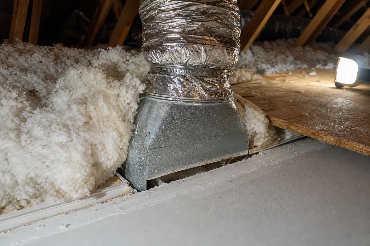 Attic vent boot with displaced insulation and condensation on exposed metal