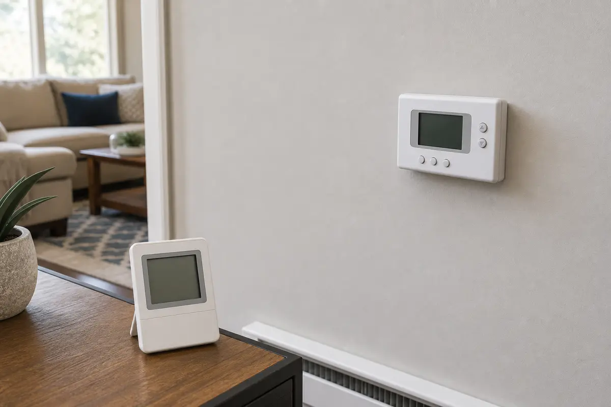 Separate room thermometer set near a wall thermostat to confirm a high temperature reading