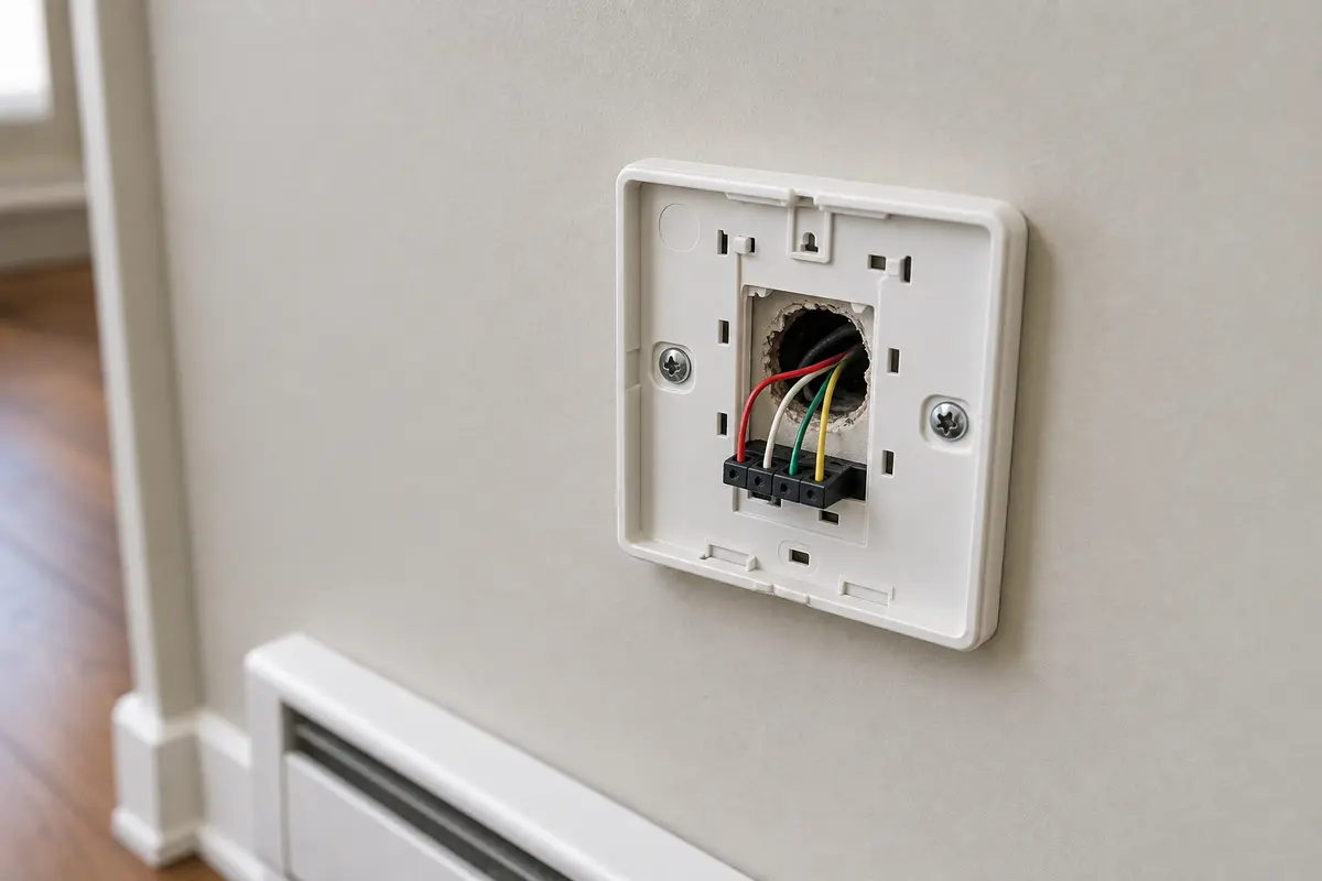 Thermostat wall base removed to show a wire opening where warm wall air can affect the sensor