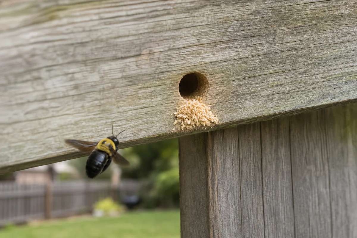 Eastern carpenter bee hovering beside a round entry hole and fresh sawdust on a weathered fence rail