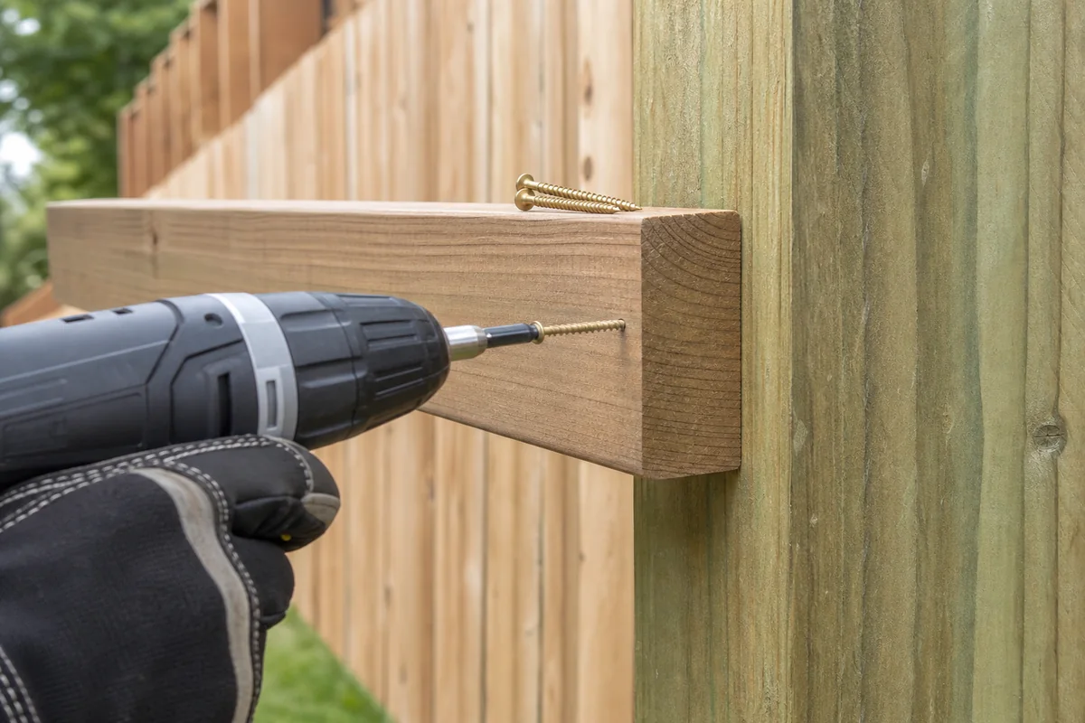 Exterior-rated screws securing a matching replacement fence rail to a sound post