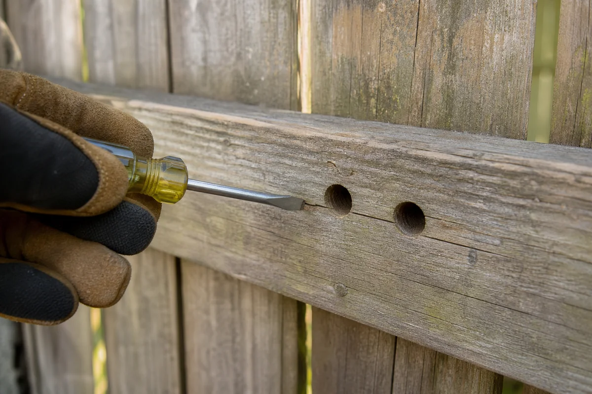 Gloved hand lightly checking firm wood beside round carpenter bee holes in a fence rail