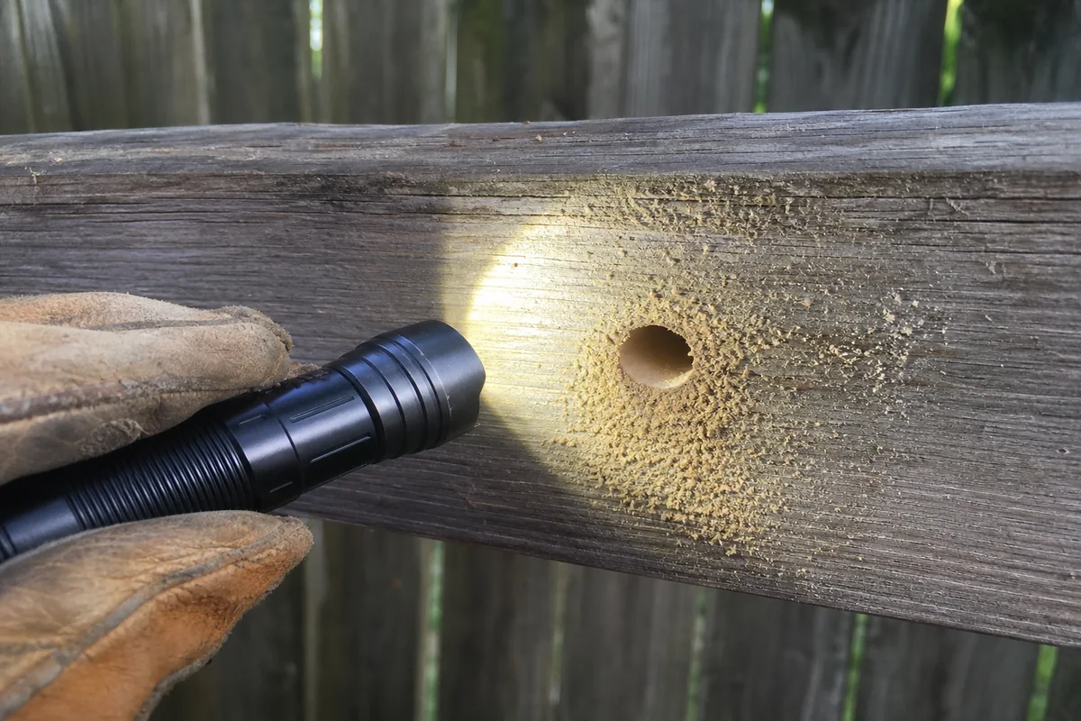 Gloved hand using an inspection flashlight to examine a round carpenter bee hole in a fence rail