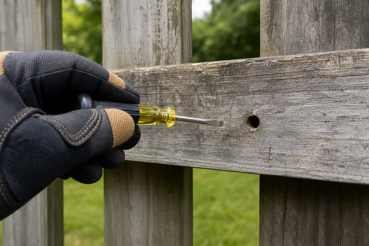 Gloved hand holding a small flat screwdriver beside an inactive round carpenter bee hole for a light fence rail tap check