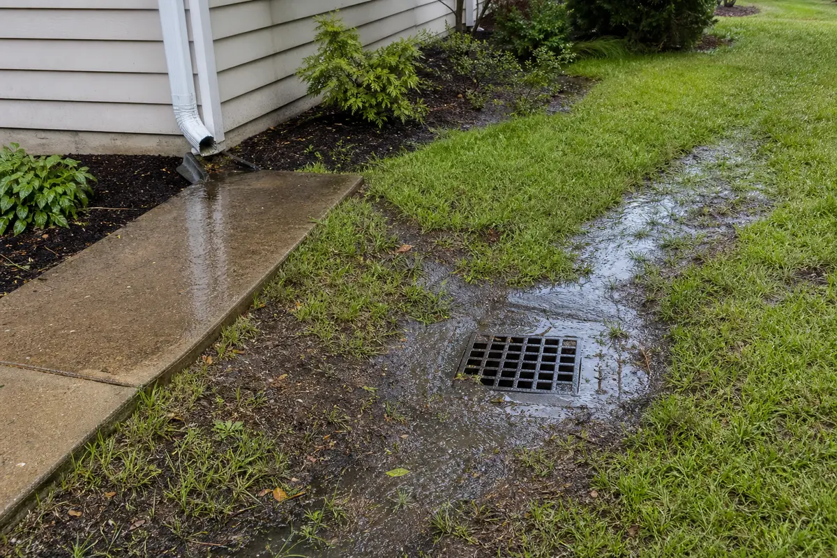 Residential exterior drainage area with catch basin and yard drainage path