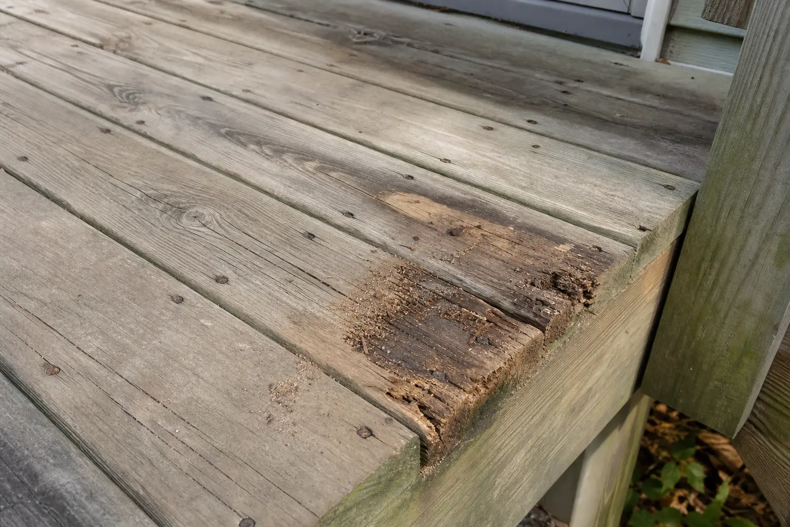 Weathered deck board end with carpenter ant frass and dark moisture staining near fasteners