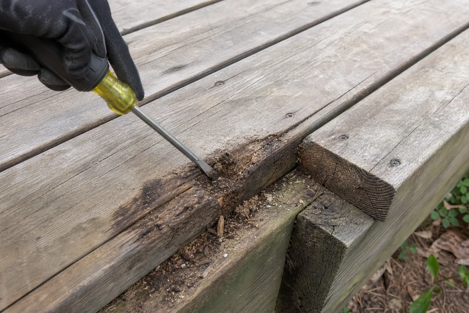 Gloved hand using a screwdriver to probe a softened deck board with carpenter ant damage