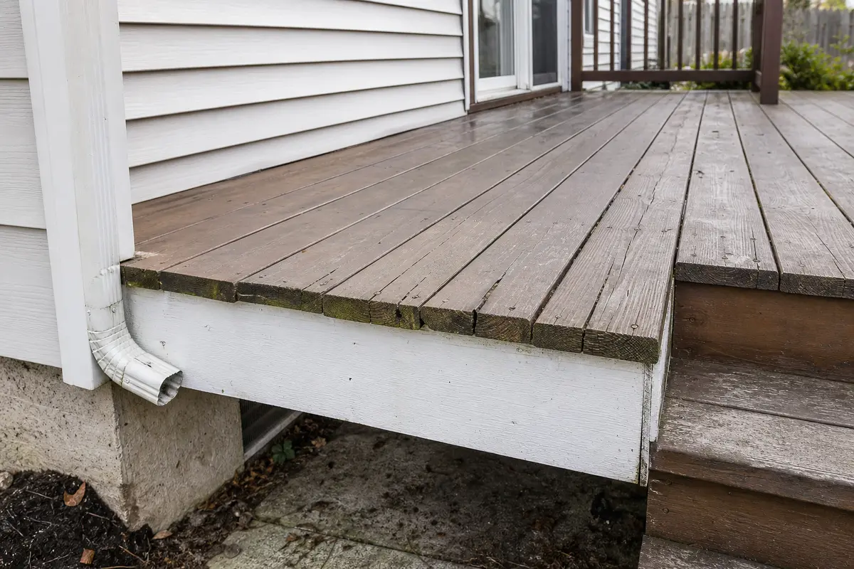 Weathered deck boards with screw lines used to scan for deck board splitting