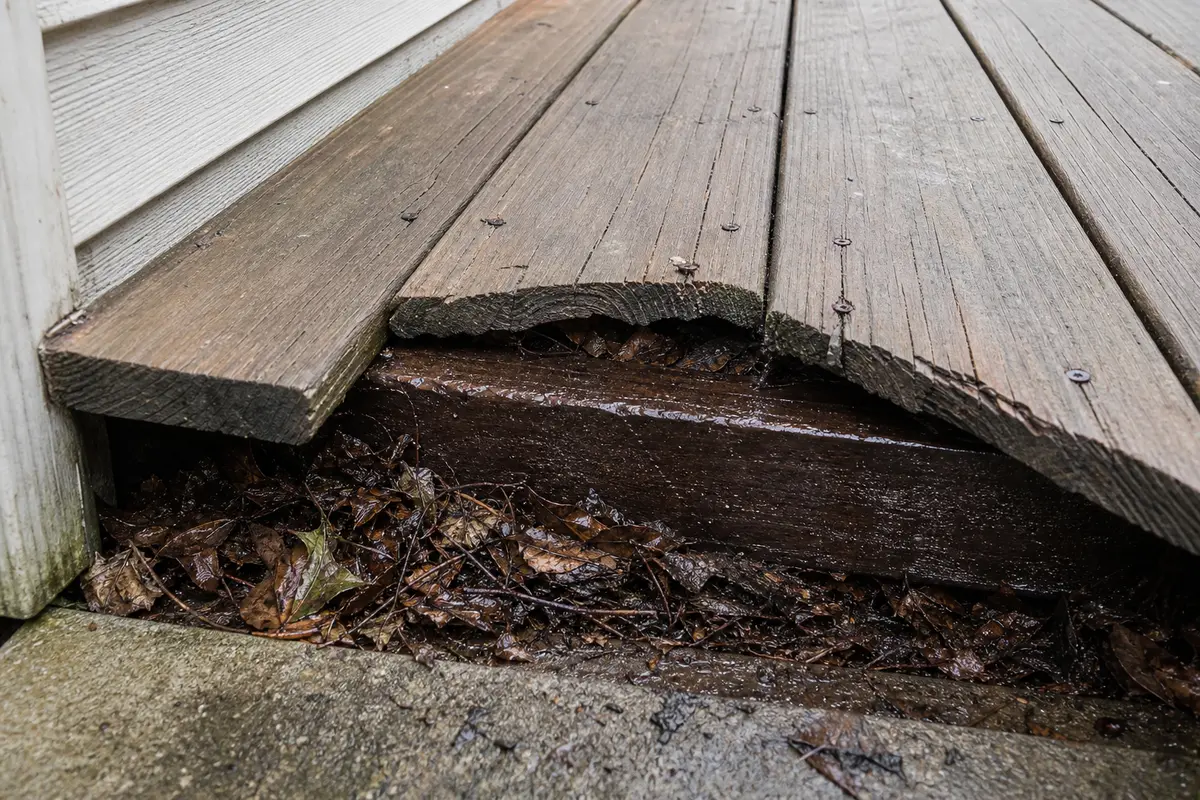Dark wet joist line and debris below a split deck board
