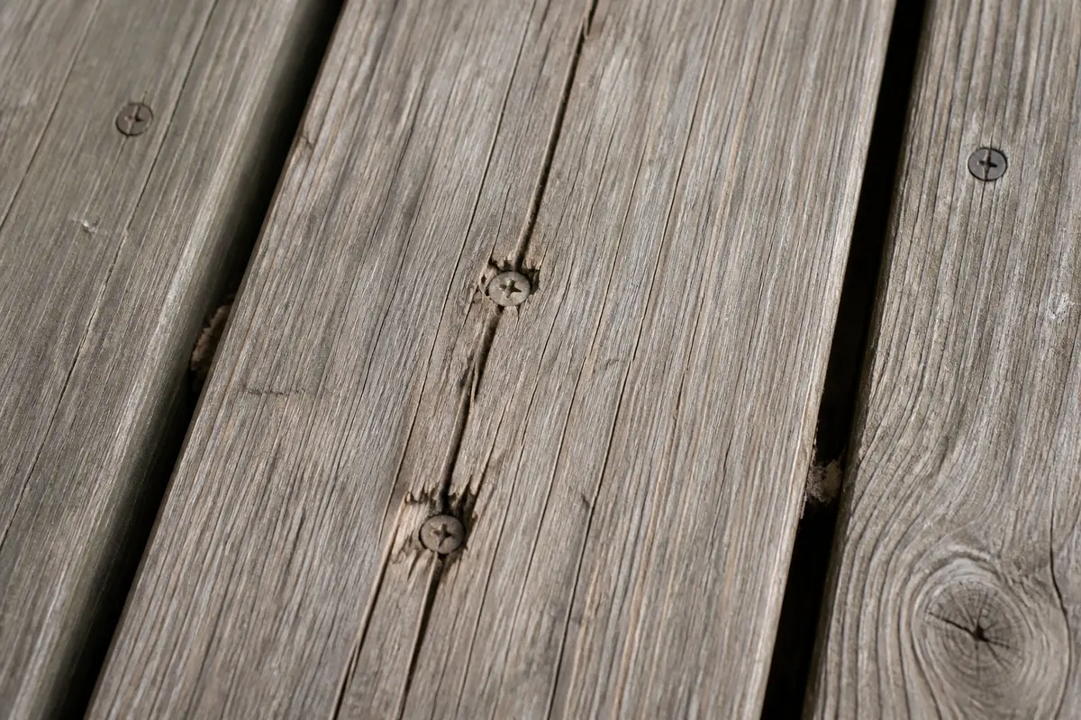 Split deck board around screw holes causing loose deck boards
