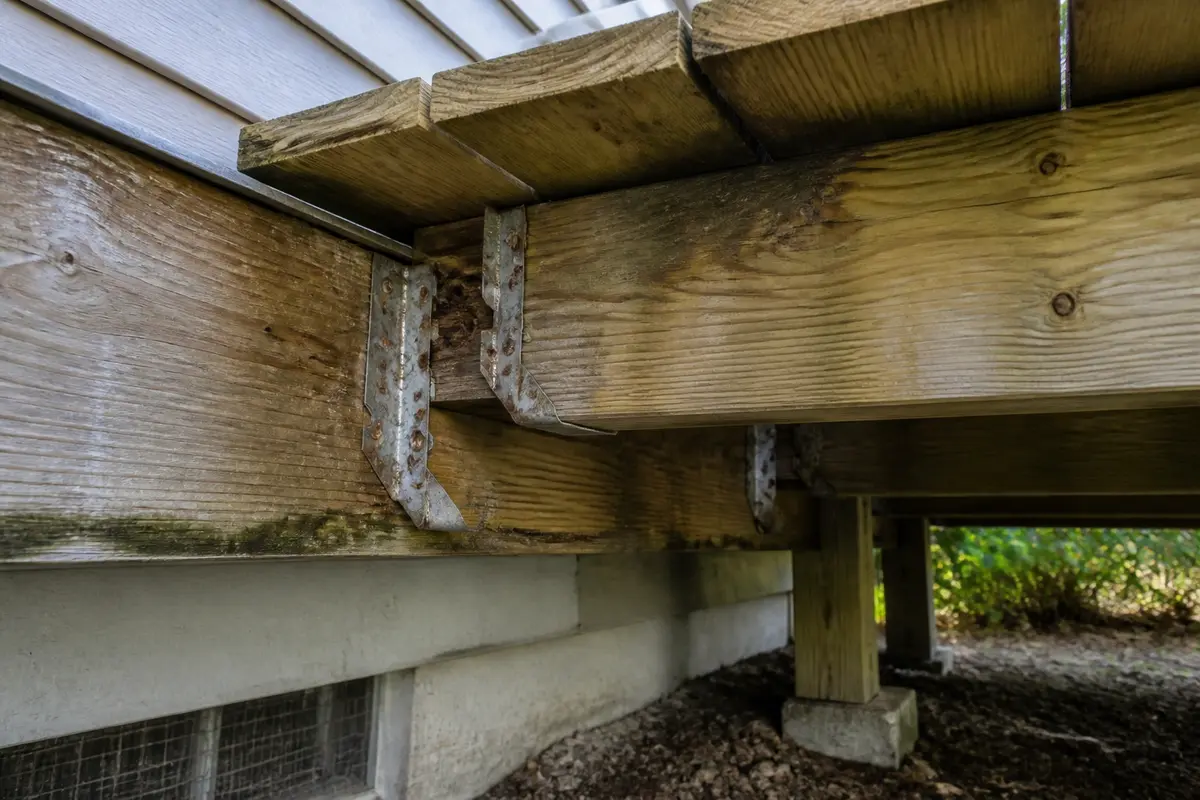 Deck joist hanger and underside framing checked after several deck boards move together