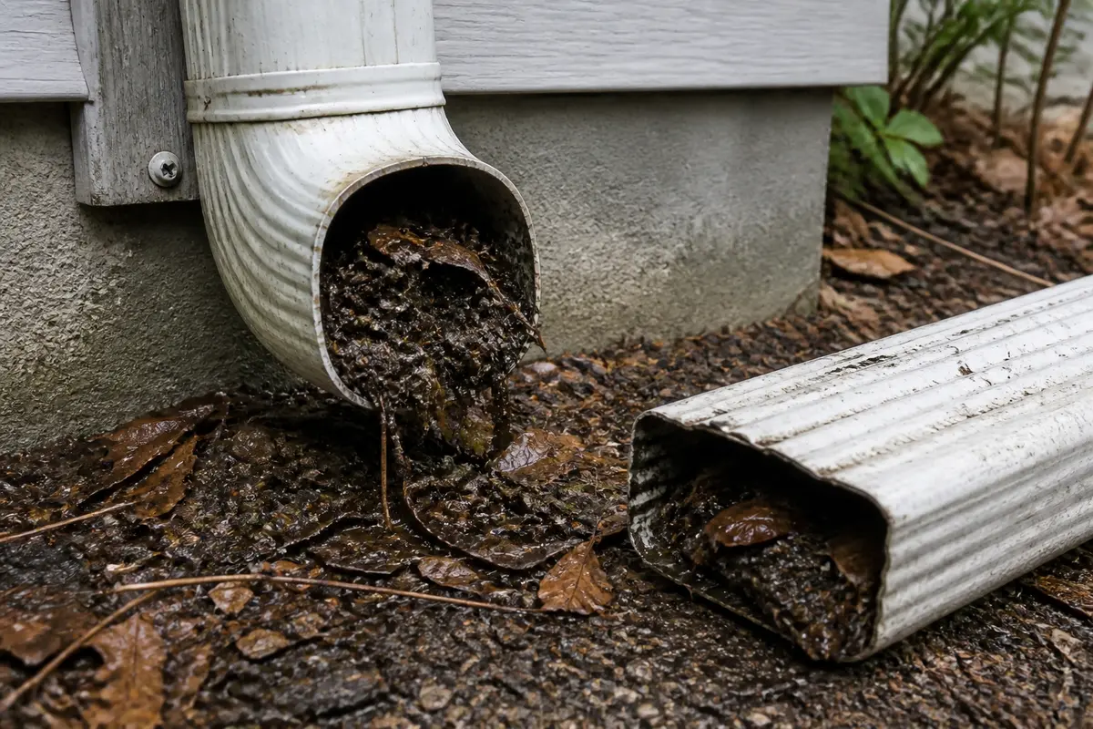 Downspout base packed with wet leaves and grit after the extension is disconnected