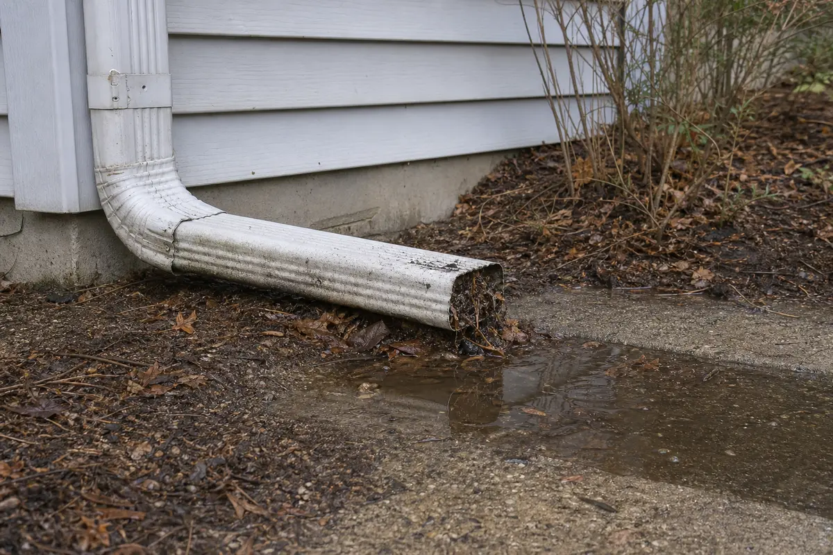 Downspout extension clogged with leaves and water pooling near the house