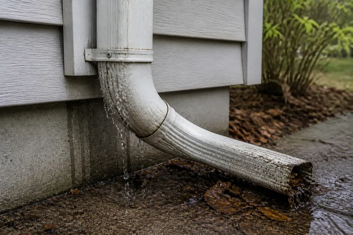 Water leaking from a downspout elbow because flow is blocked downstream