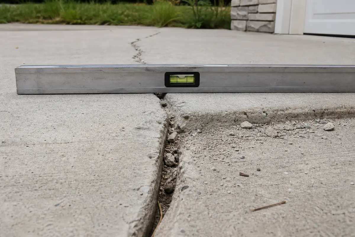 Close view of a cracked driveway checked for width and offset before patching