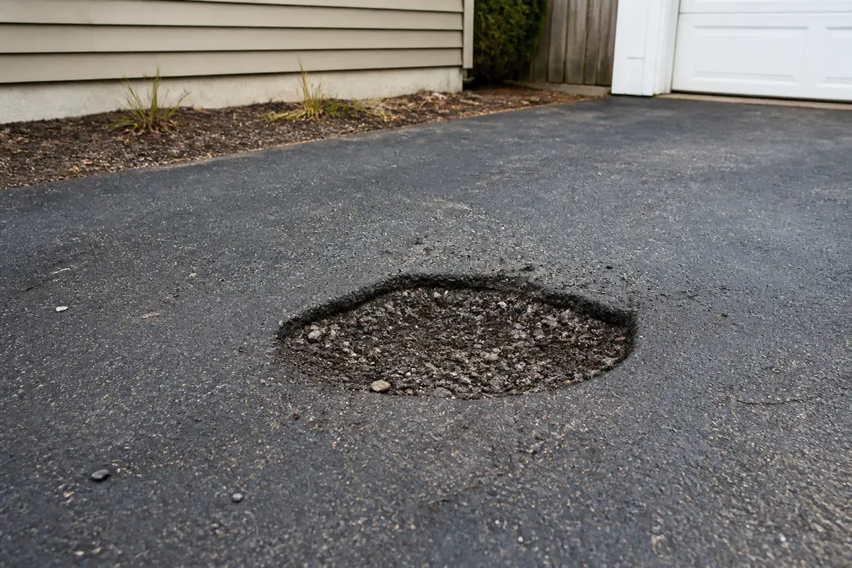 Driveway pothole in asphalt with loose material inside the hole