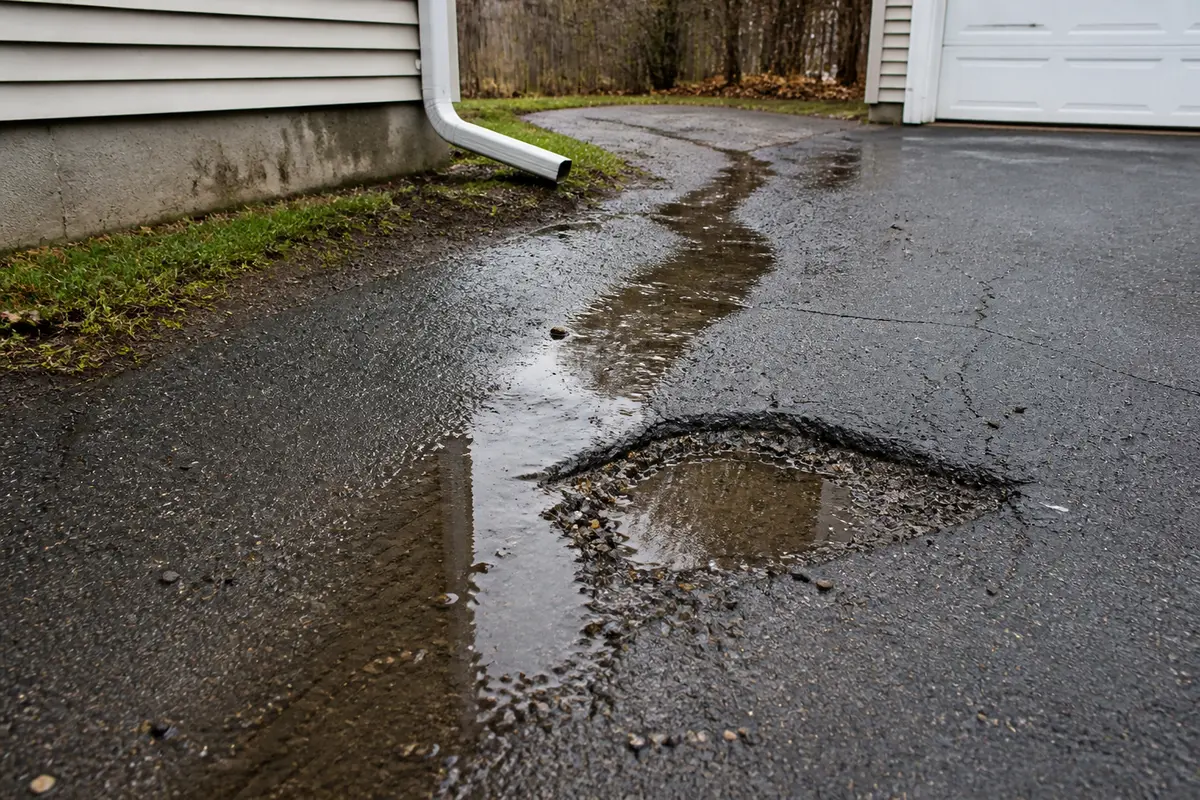 Driveway surface checked for drainage and low spots before patching potholes