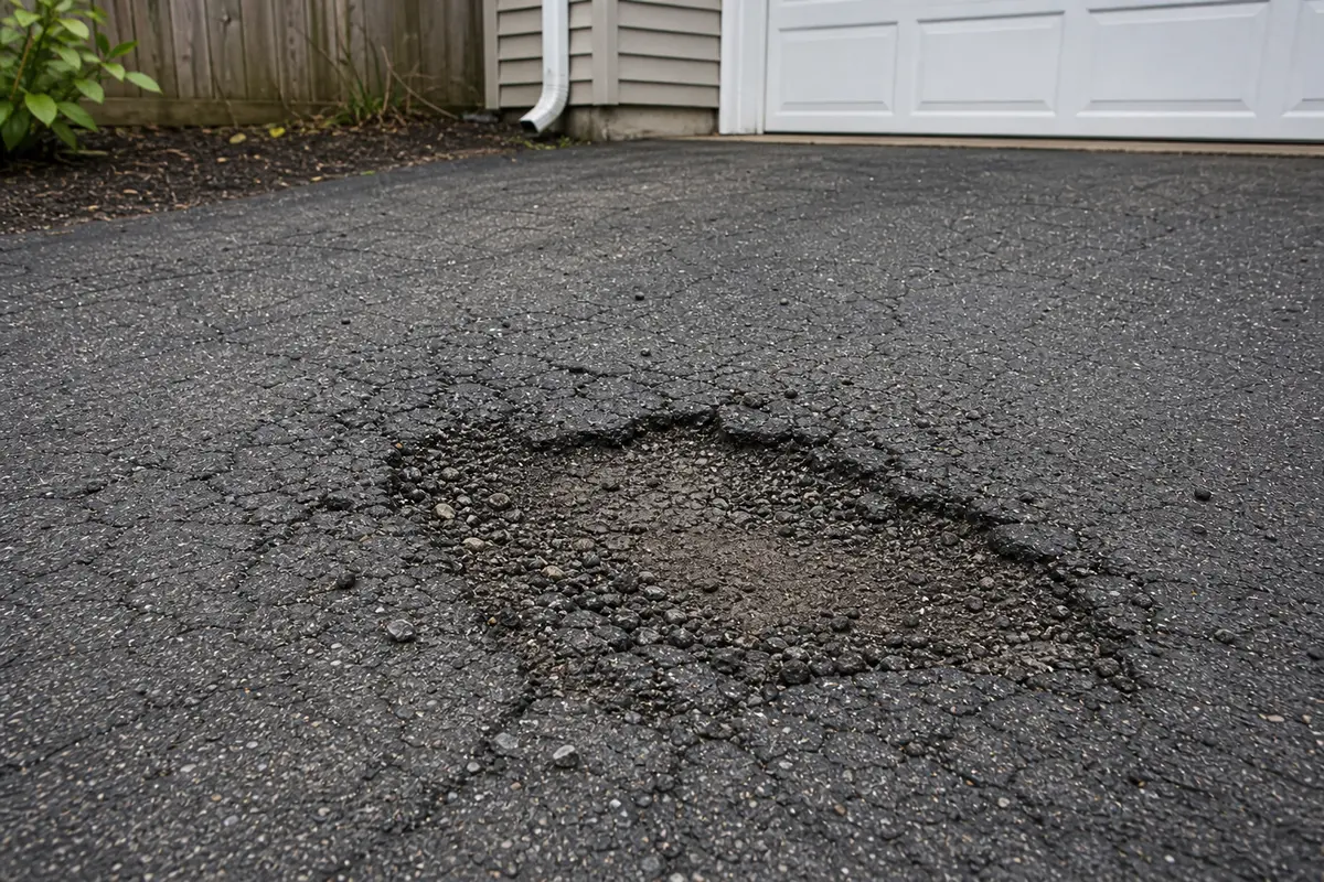 Cracked driveway surface near a pothole showing wider surface breakdown