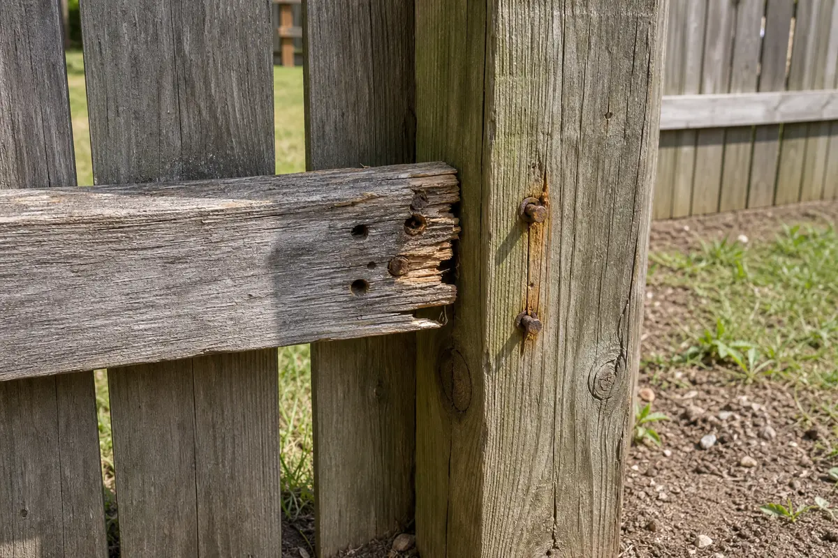 Fence panel connection checked at the post before repair