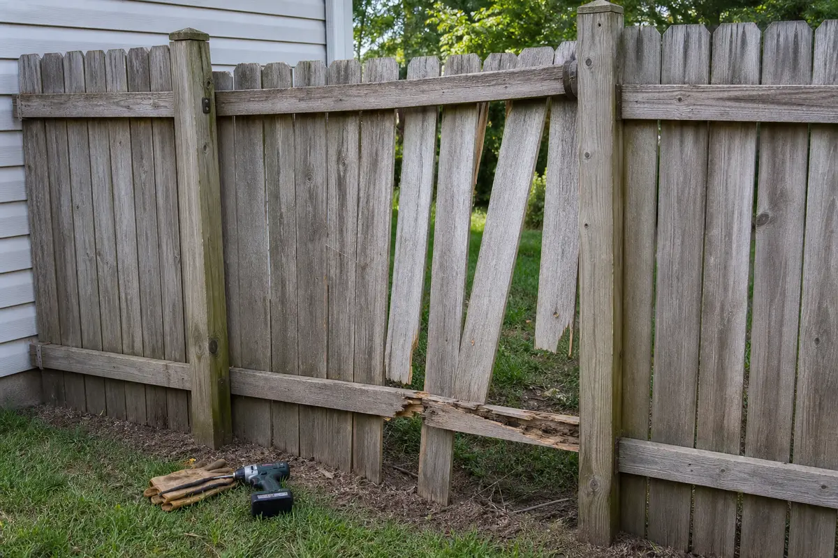 Fence panel broken with loose boards and tools at the base