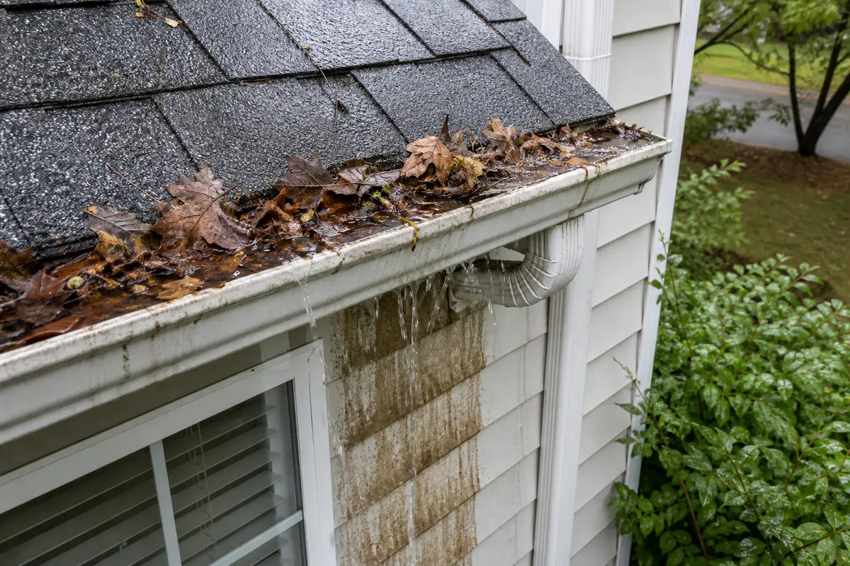 Gutter packed with leaves and roof grit during clogged gutter diagnosis