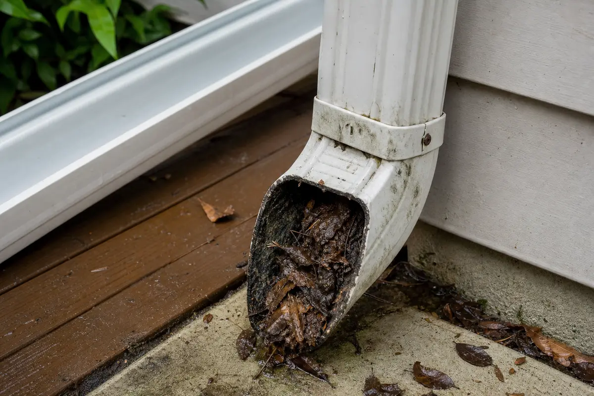 Packed debris inside a downspout section during clogged gutter troubleshooting