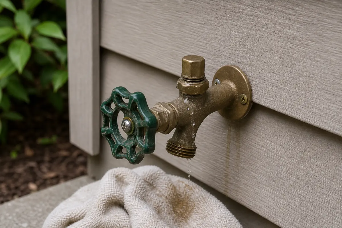 Water leaking around the hose bib handle stem and packing nut