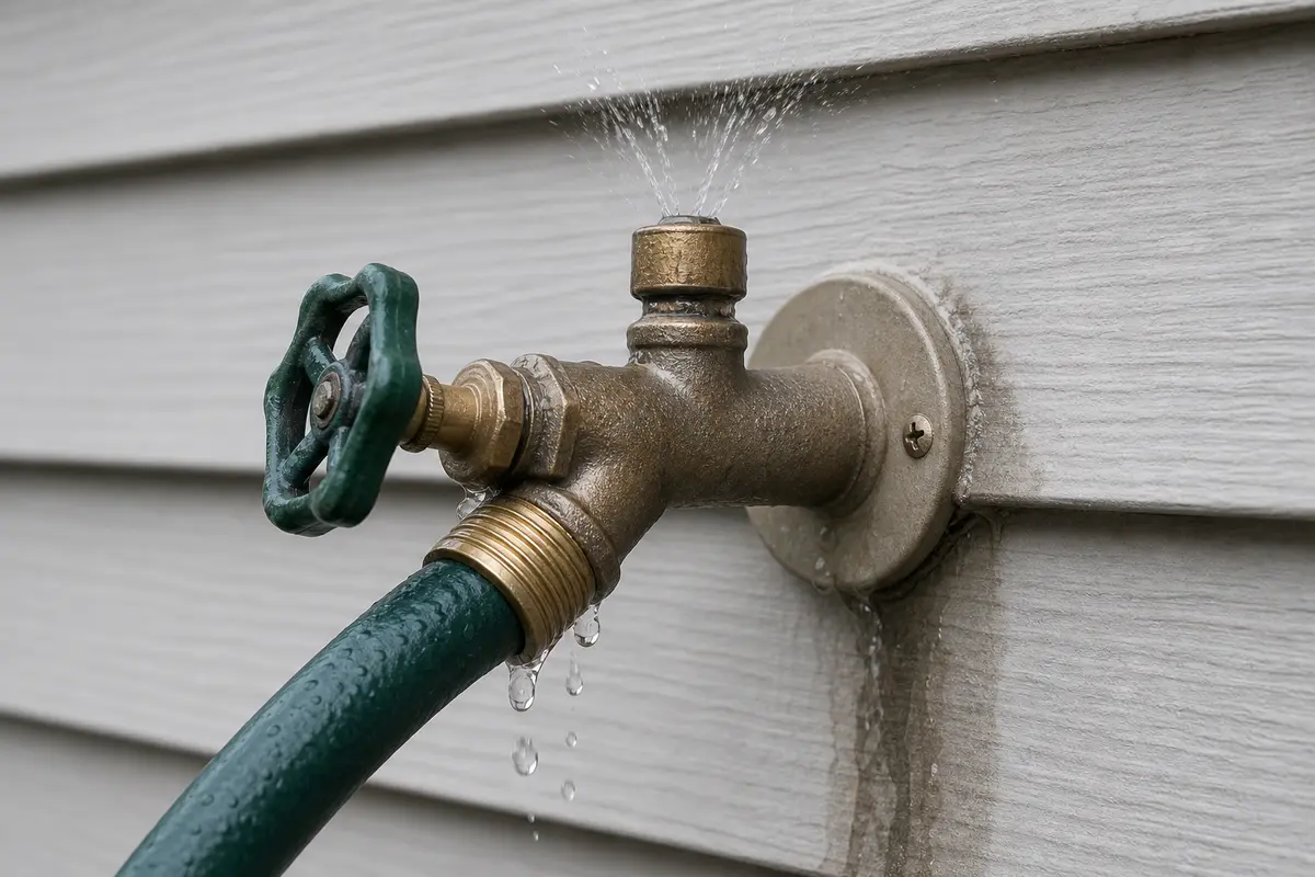 Outdoor faucet with hose attached showing hose coupling top cap and wall flange leak locations