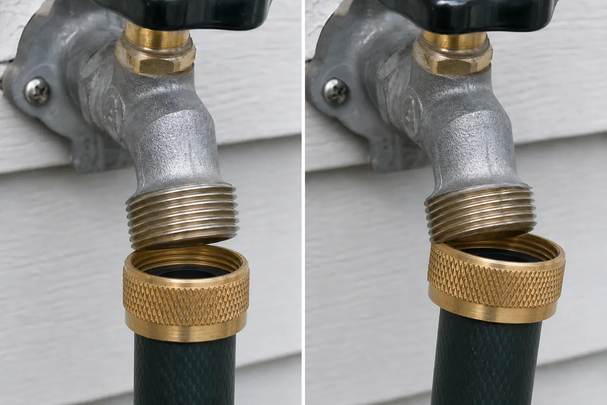 Square garden hose coupling compared with crooked cross-threaded coupling on outdoor faucet