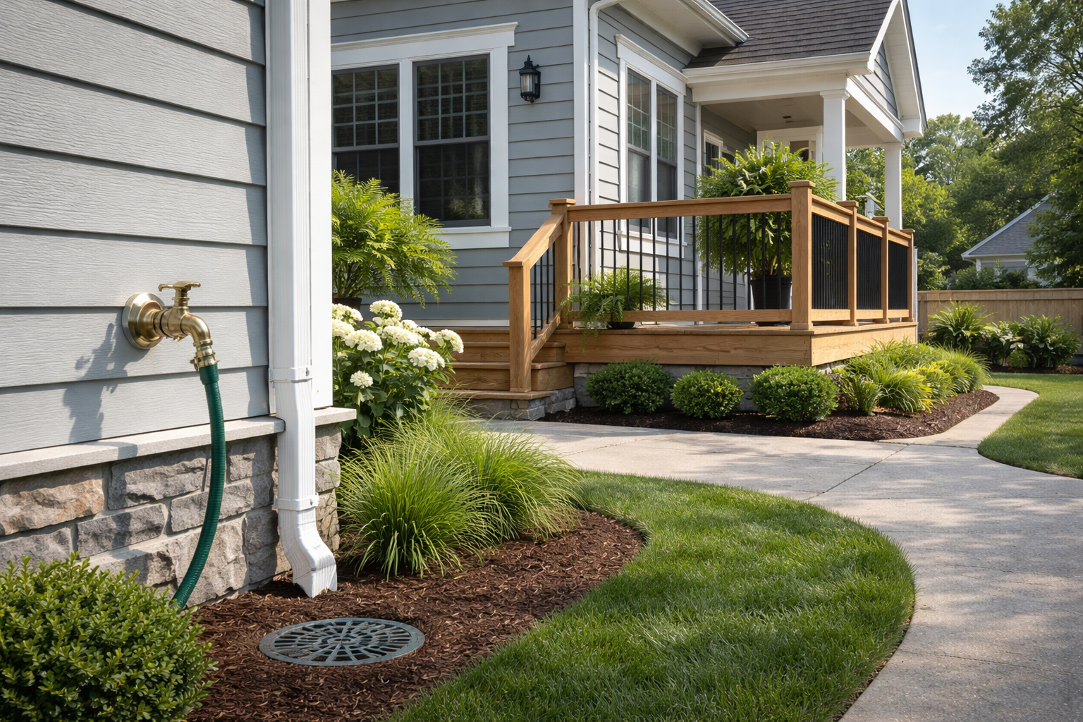 Bright residential exterior scene with outdoor home systems