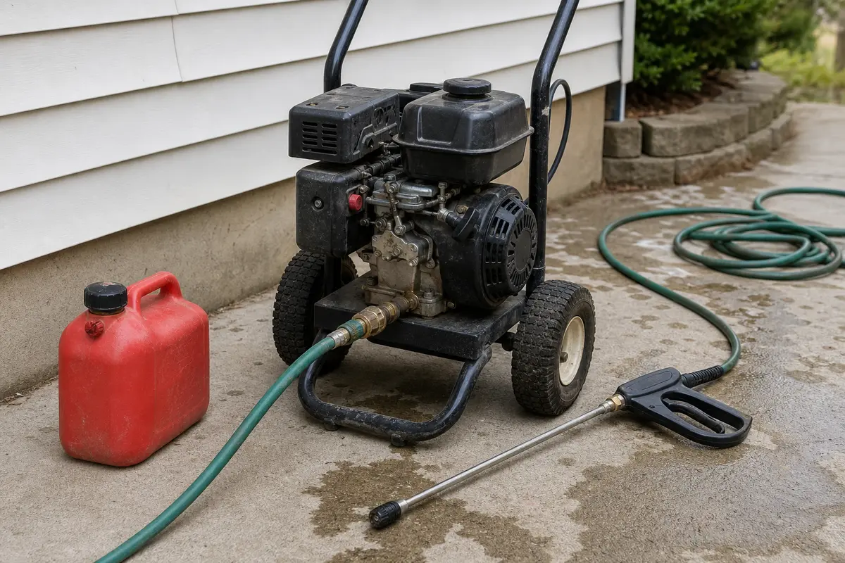 Gas pressure washer on a driveway with hose connected and fuel container nearby for no-start diagnosis