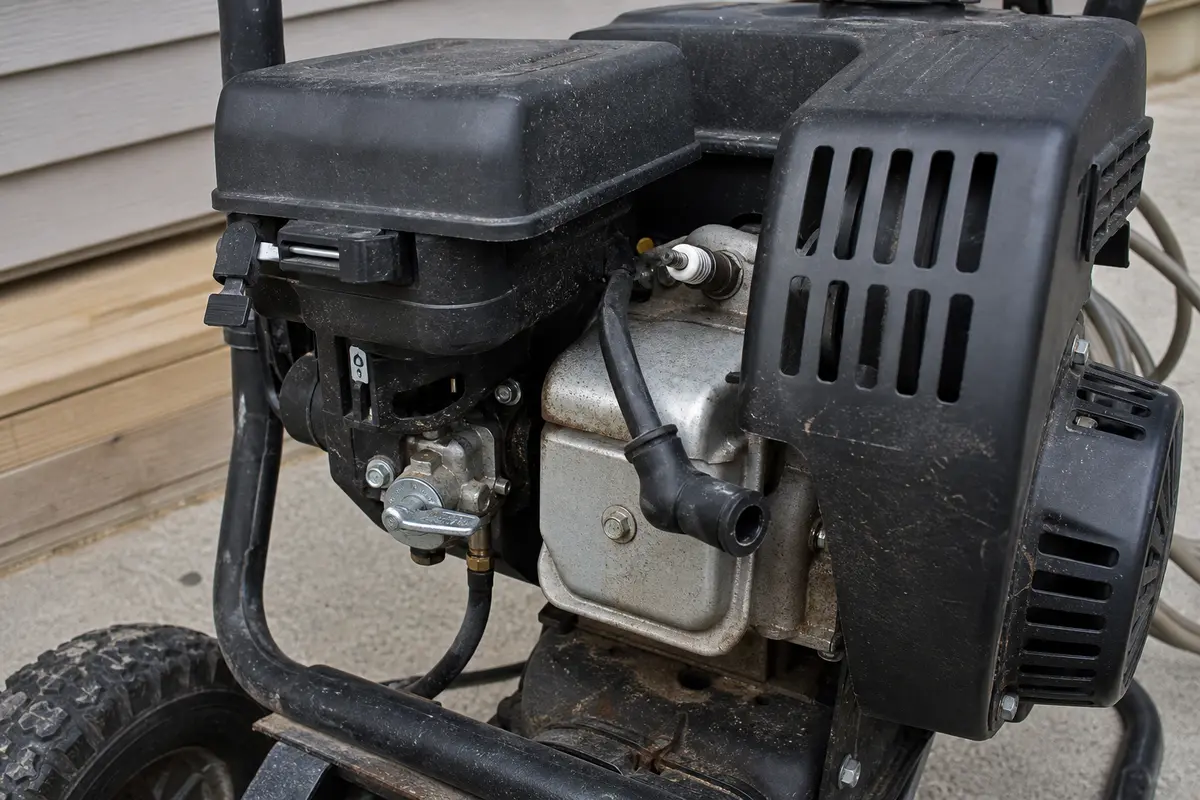 Pressure washer engine close-up with spark plug boot off and choke and fuel valve area visible