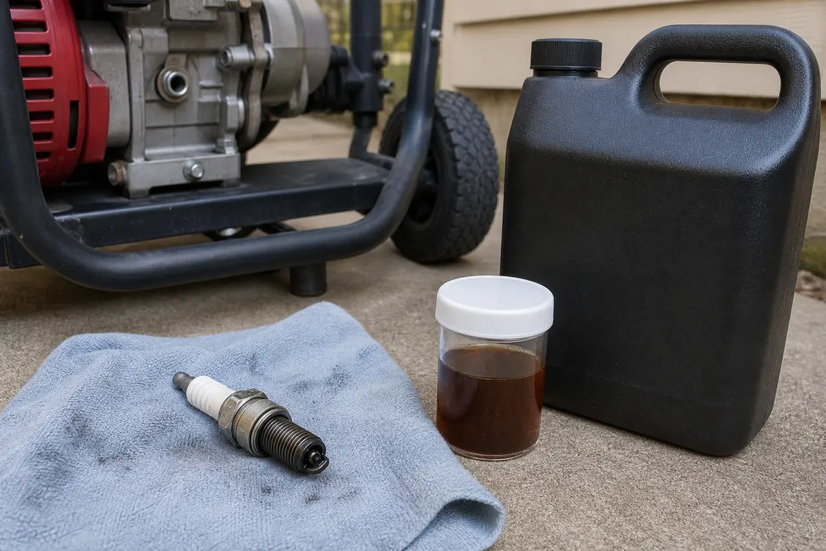 Removed pressure washer spark plug on a rag beside stale fuel sample during no-start diagnosis
