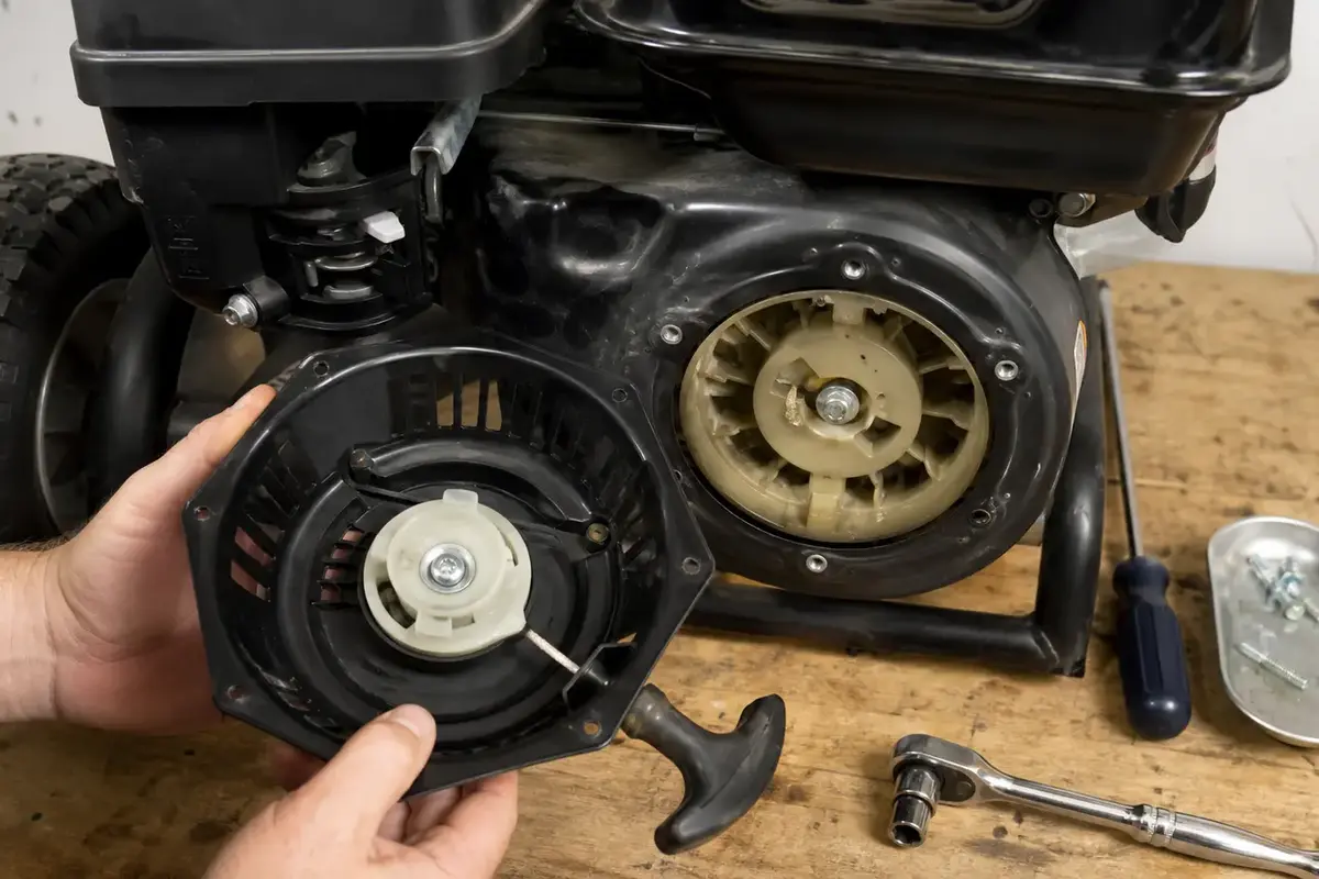 Pressure washer recoil starter housing removed to compare rope mechanism and flywheel movement