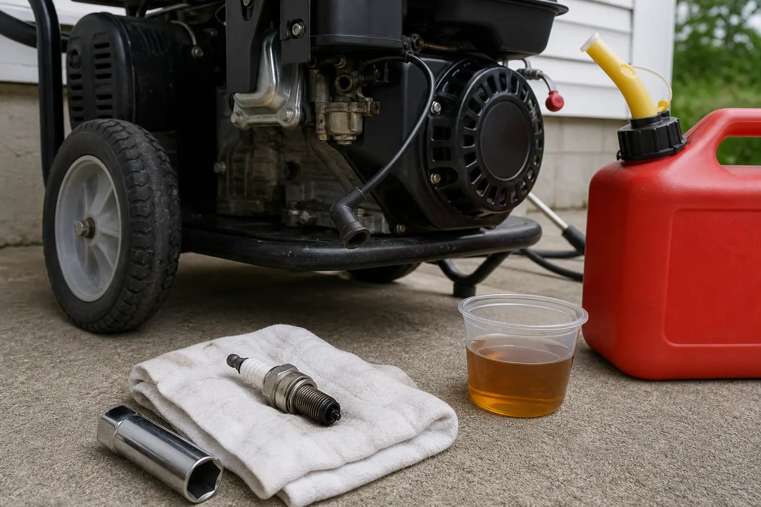 Pressure washer spark plug removed on a rag while checking for liquid lock