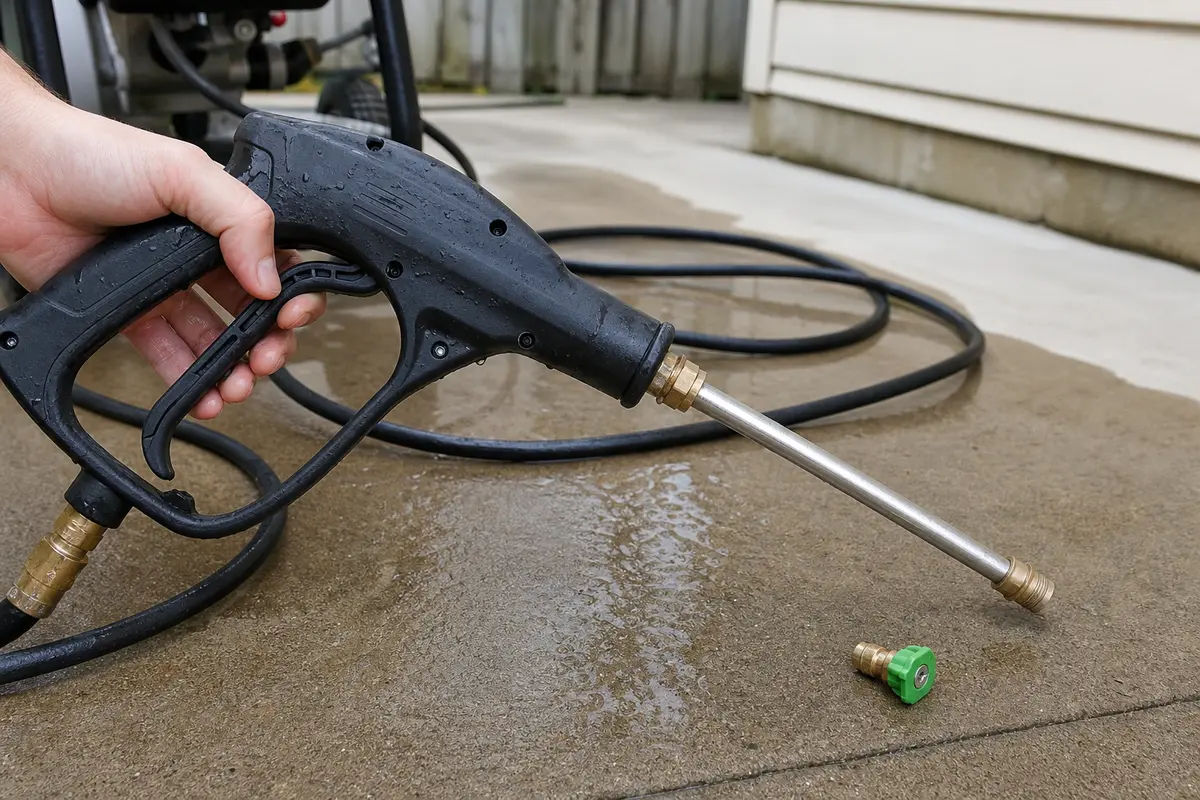 Pressure washer spray gun pointed safely down with the nozzle removed for trigger diagnosis