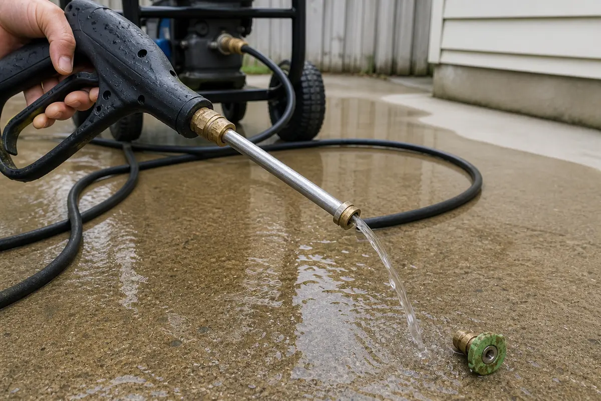 Pressure washer wand with nozzle removed showing low-pressure water flow and a dirty spray tip