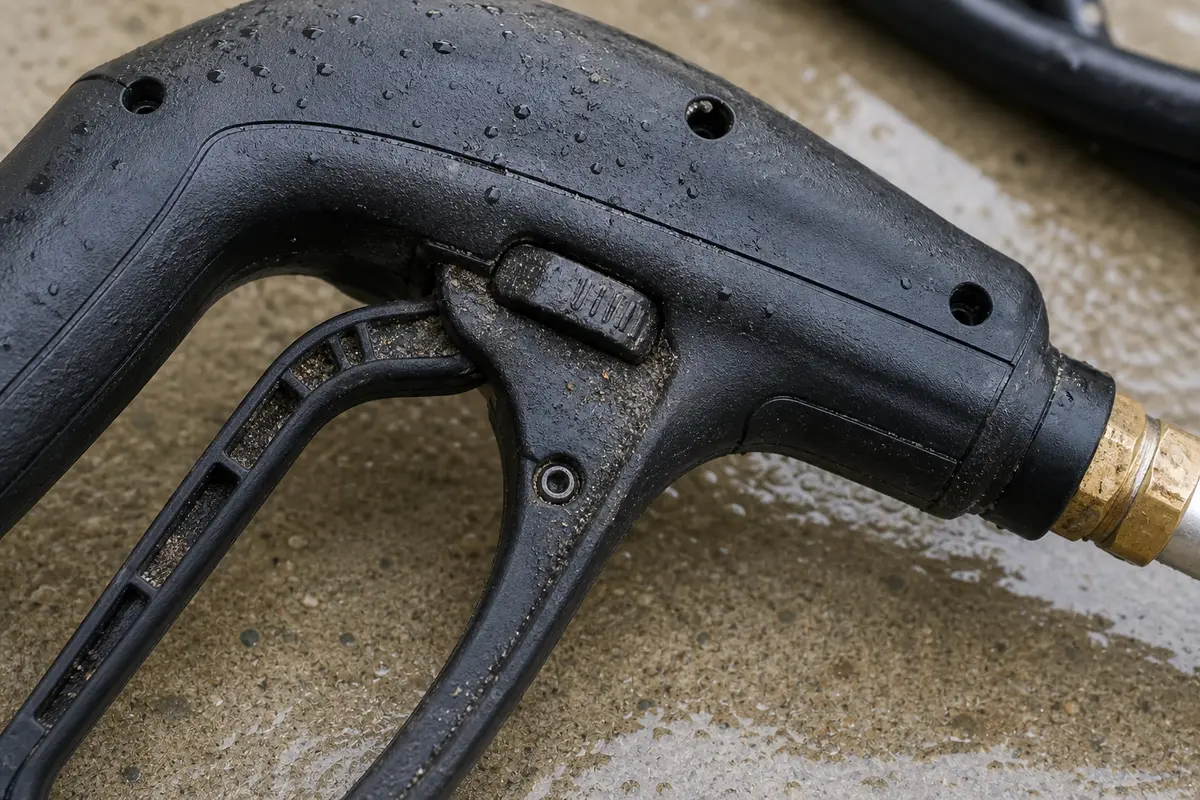 Pressure washer trigger gun close-up showing grit around the trigger pivot and safety lock